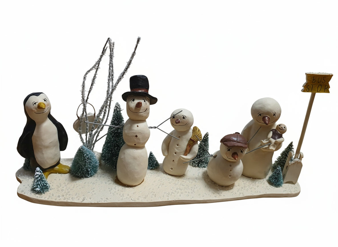 Snowman Family Village Figurine Set with Penguin & "Bust Stop" Sign-Used