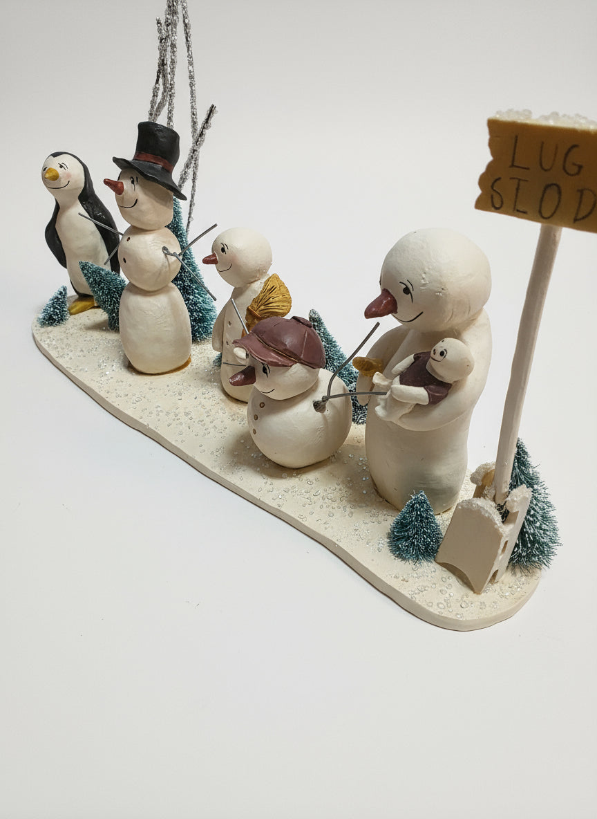 Snowman Family Village Figurine Set with Penguin & "Bust Stop" Sign-Used