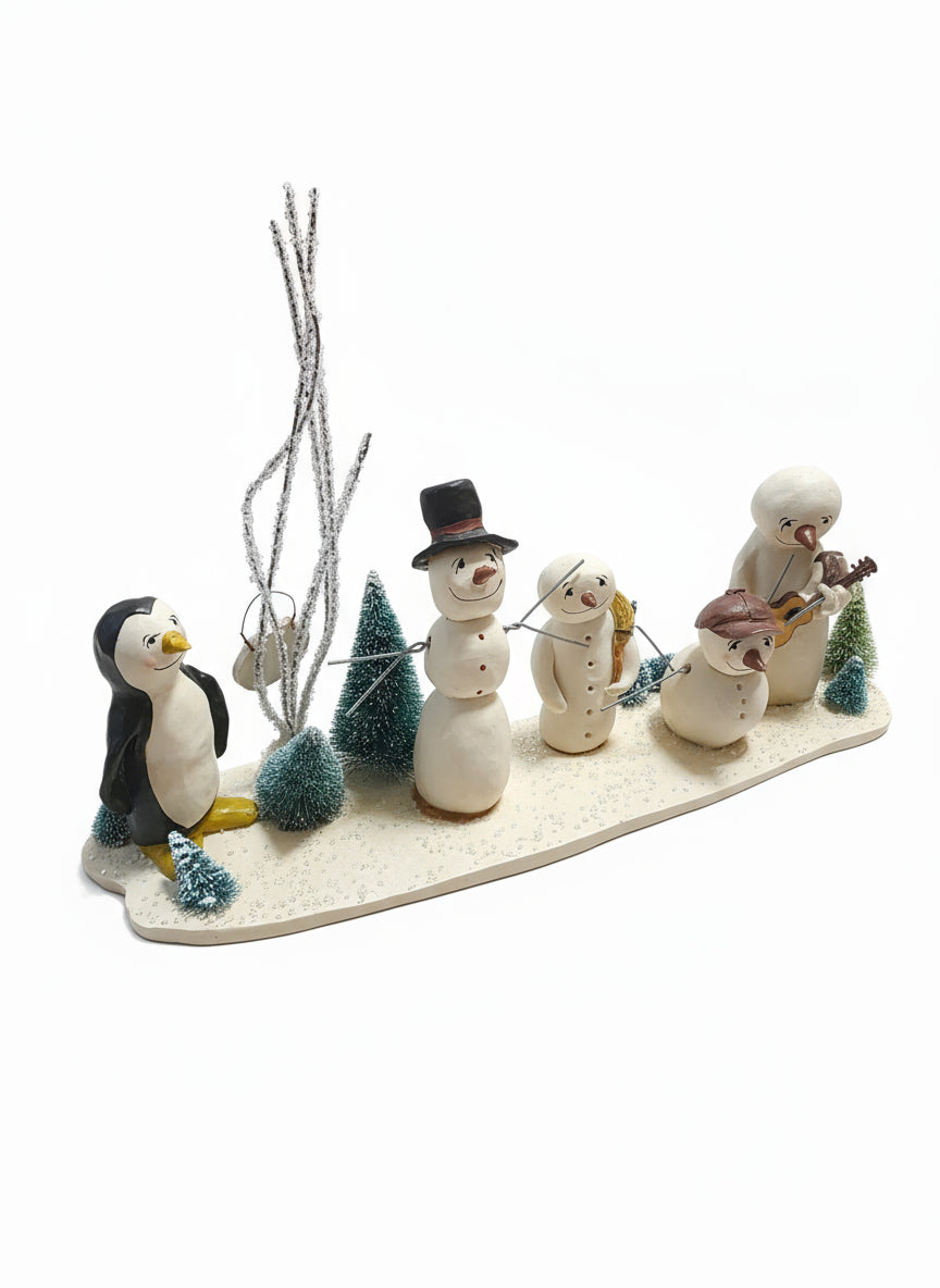 Snowman Family Village Figurine Set with Penguin & "Bust Stop" Sign-Used