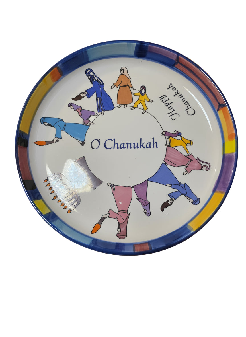 Seder plate with colorful illustrations of people around a table, labeled 'O Chanukah'.