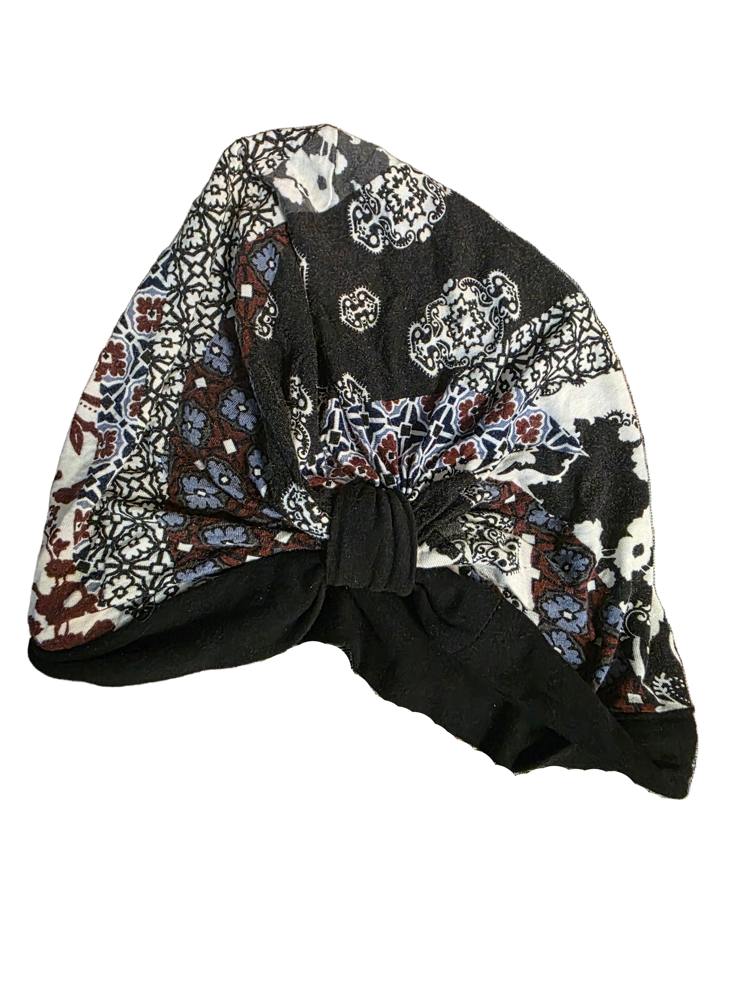 Black Paisley Pre-Tied Headscarf - Cotton Bandana with Floral Pattern-Used