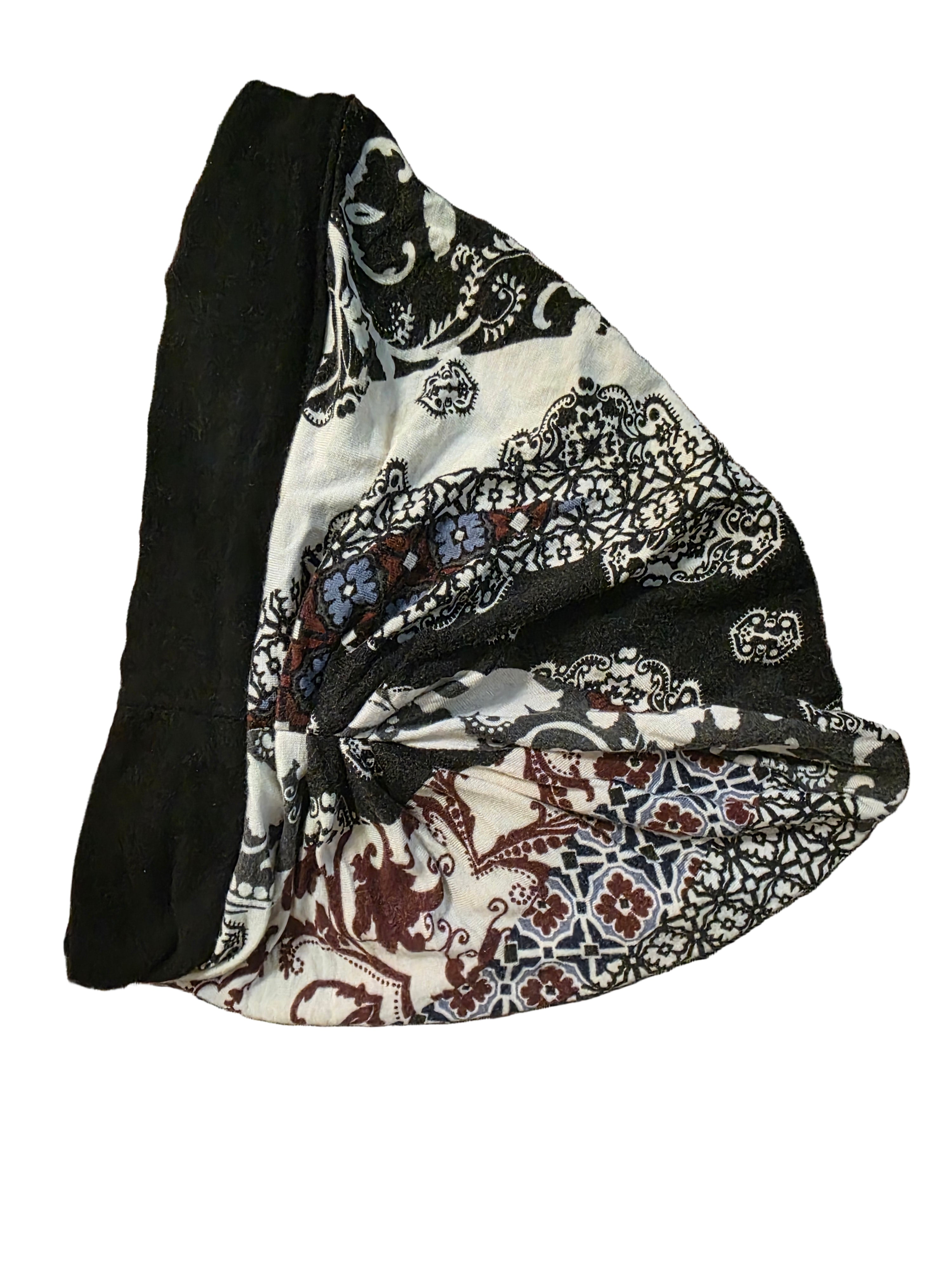 Black Paisley Pre-Tied Headscarf - Cotton Bandana with Floral Pattern-Used