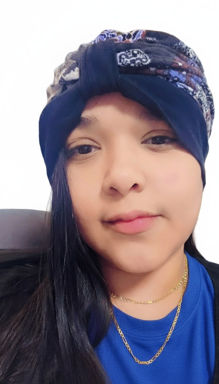 Black Paisley Pre-Tied Headscarf - Cotton Bandana with Floral Pattern-Used