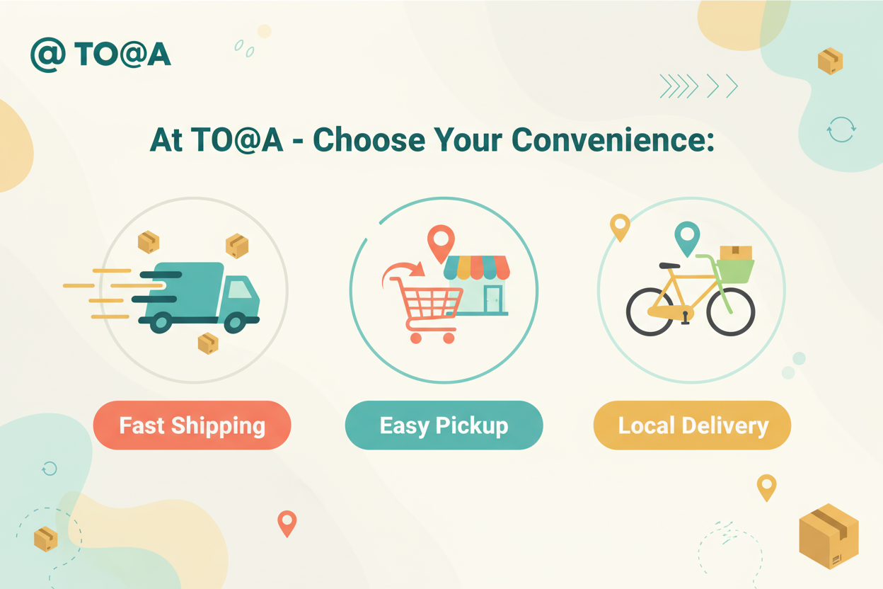 create a promotion image with information that says At To@a you can you get you order shipped or you can pickup or have as local delivery, surprice me and me que a nice banner 